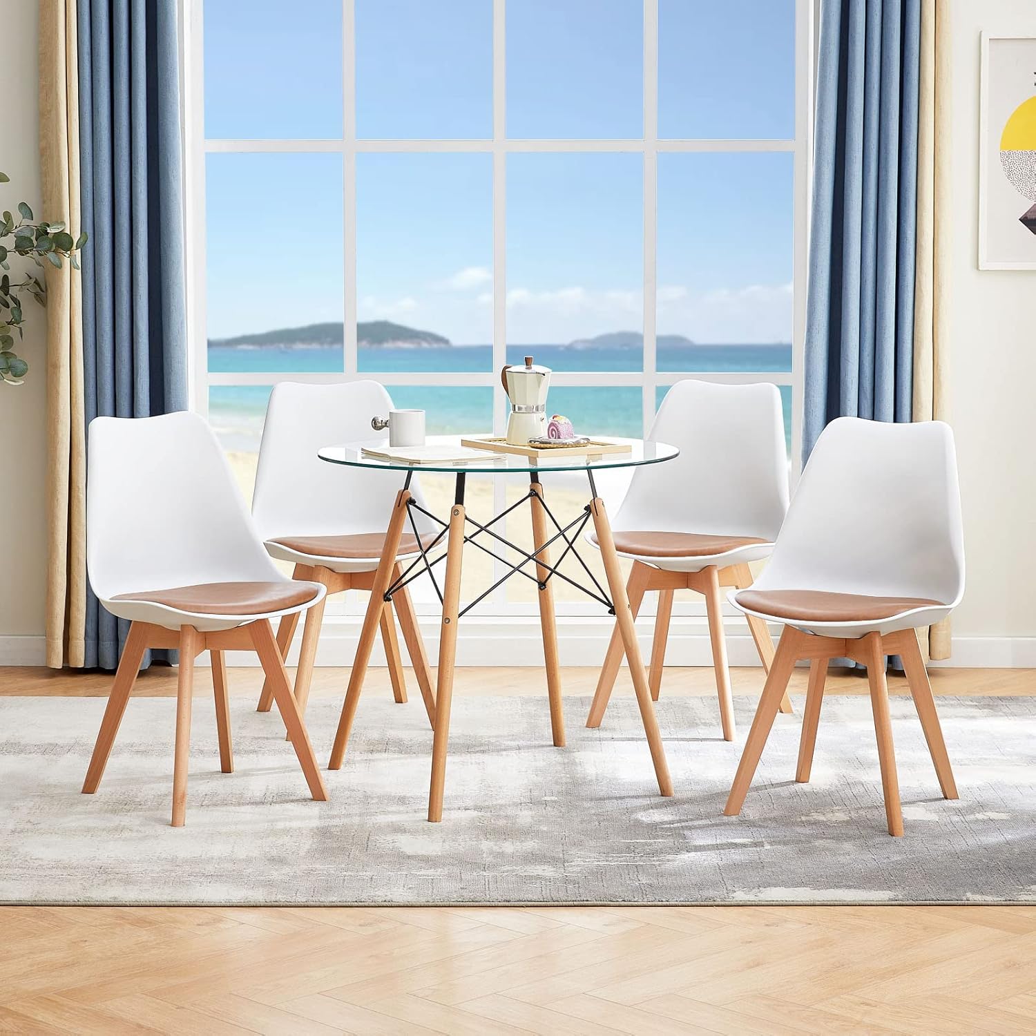 EGGREE - Lot de 8 chaises scandinaves, bois hêtre, cuir PU, blanc/marron