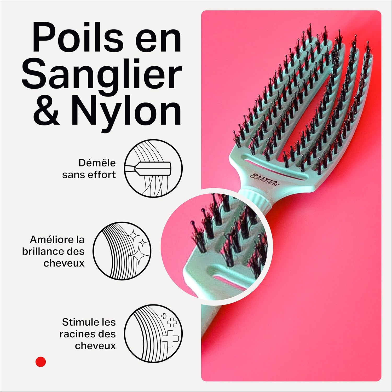 Olivia Garden - Fingerbrush Care Iconic - brosse démêlante, poils sanglier et nylon, brillance et douceur