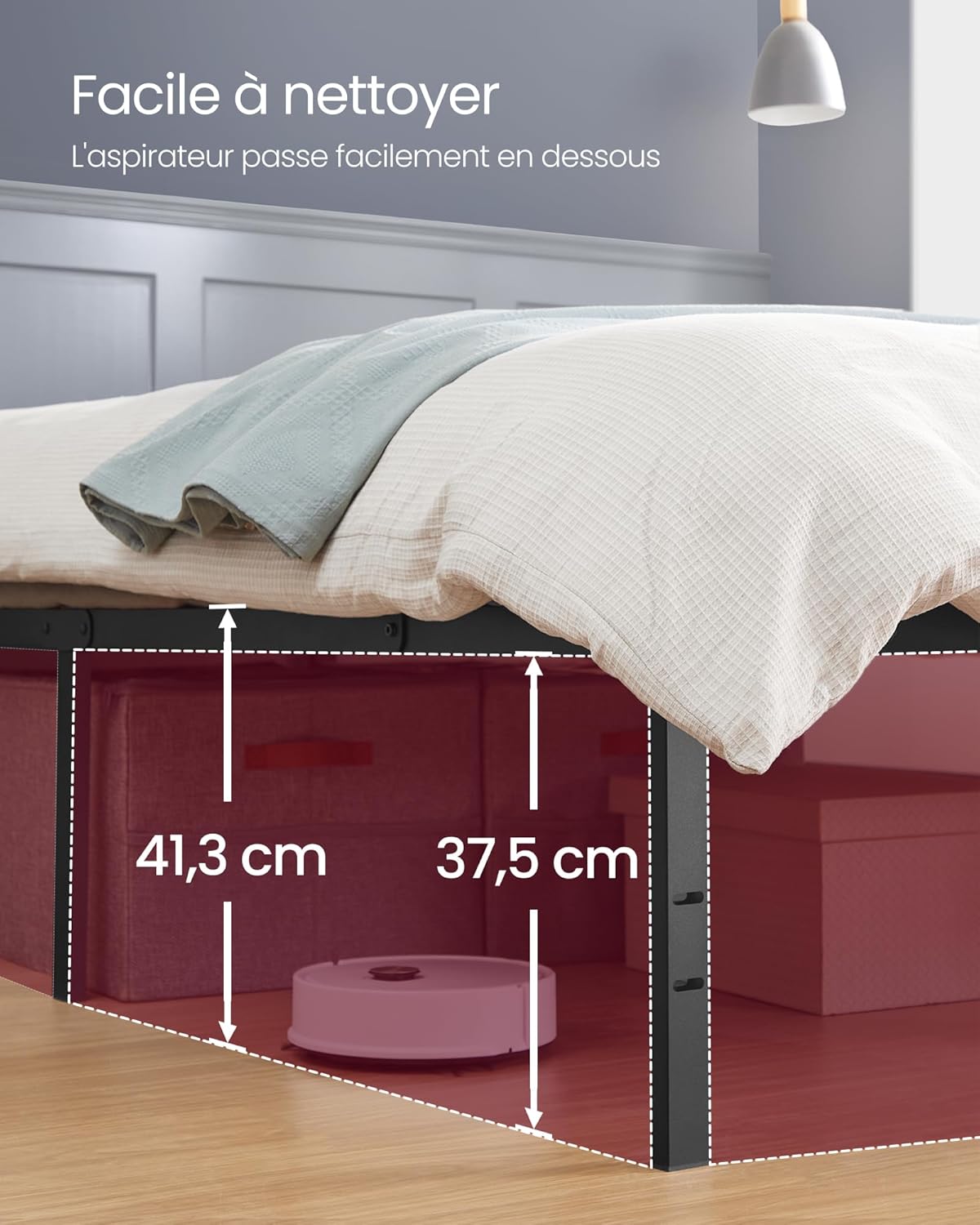 VASAGLE - cadre de lit simple - 90x190 cm - métal noir, étagères, montage facile - RMB091B01V1