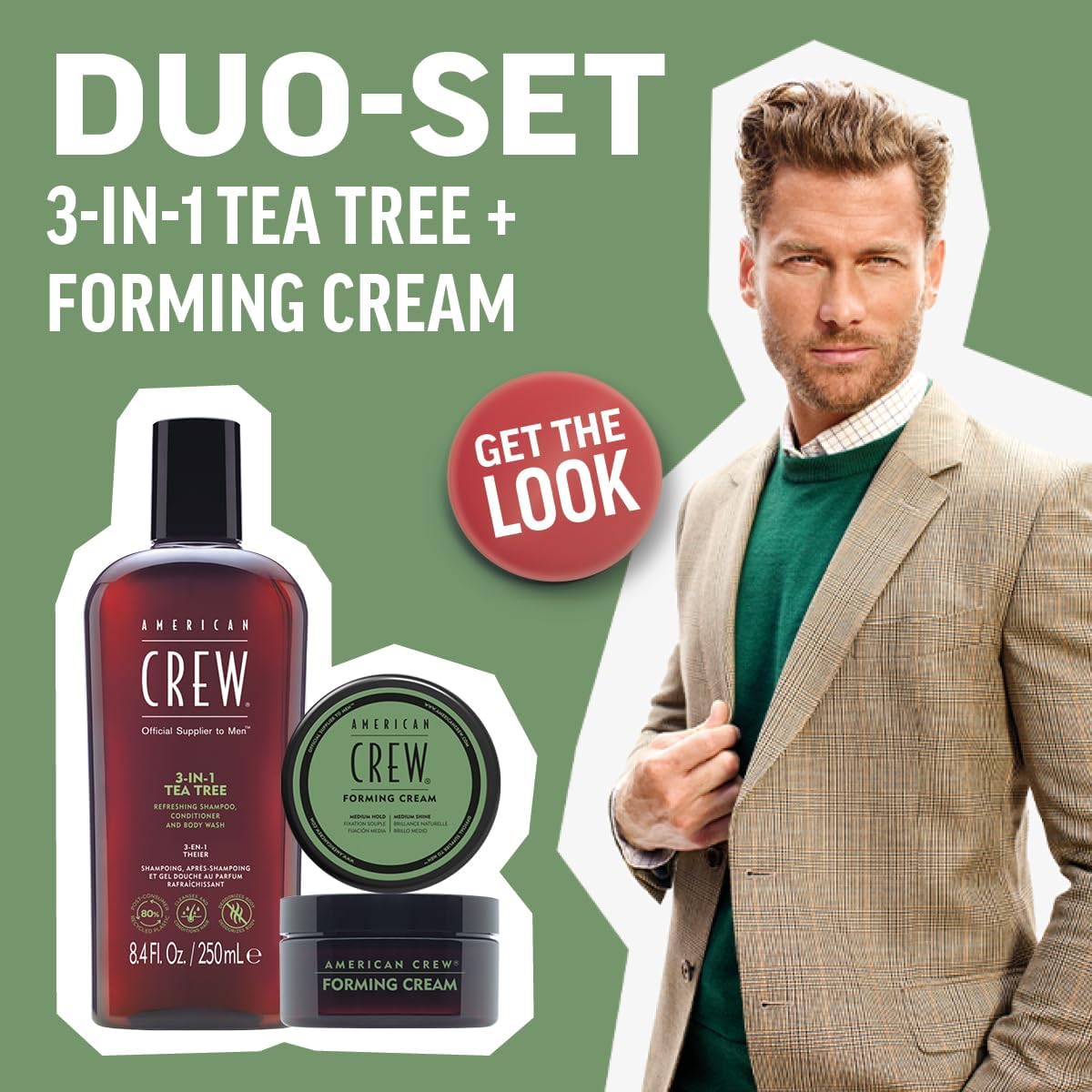 American Crew - Duo 3 en 1 & Forming Cream - 250ml/50g - shampooing, parfum arbre à thé, cire cheveux