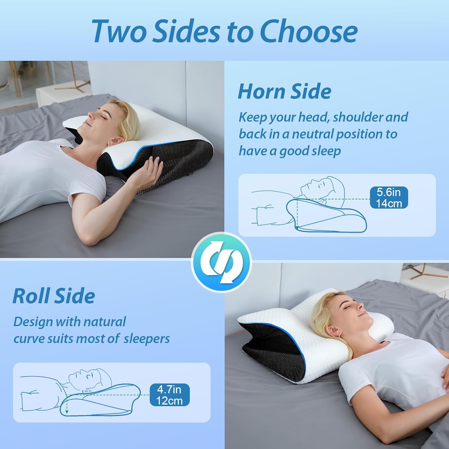 HOMCA - Oreiller ergonomique 2 en 1 - 60x40x12/14cm - mémoire de forme cervical