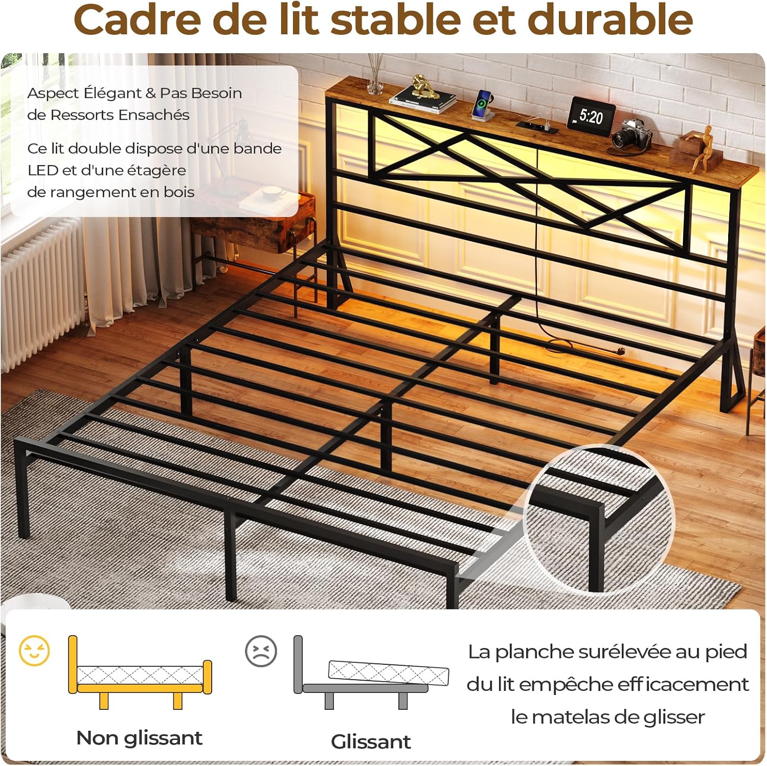 DICTAC – Lit double LED 160x200, métal, ports USB, rangement, LitLED160x200