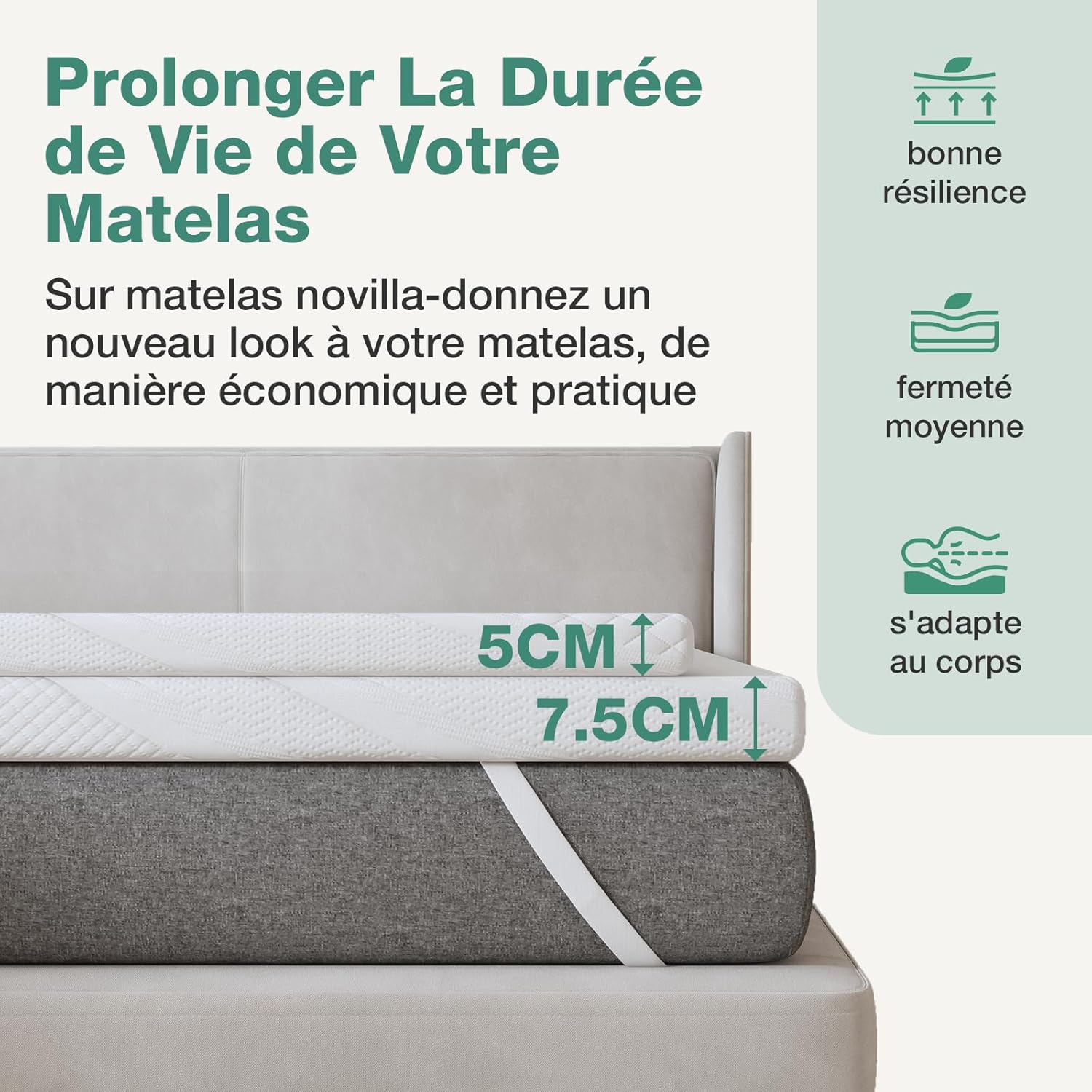 Novilla - surmatelas gel mémoire de forme - 140x200cm - 7.5cm, doux, antidérapant, lavable