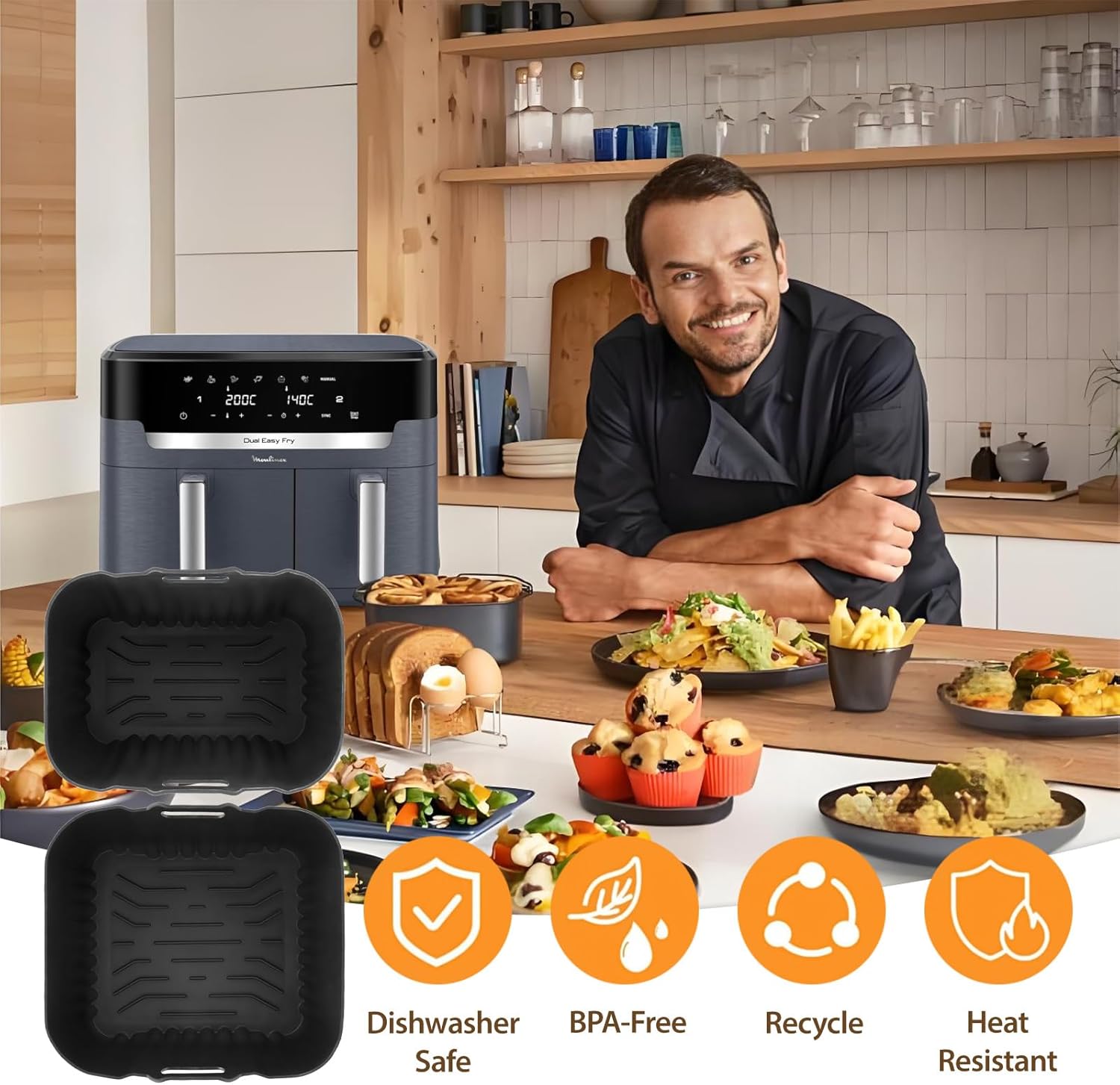 Moule silicone friteuse - grande capacité 11L, 2 compartiments, réutilisable, pour Tefal/Moulinex EZ942BF0/EY942BE0