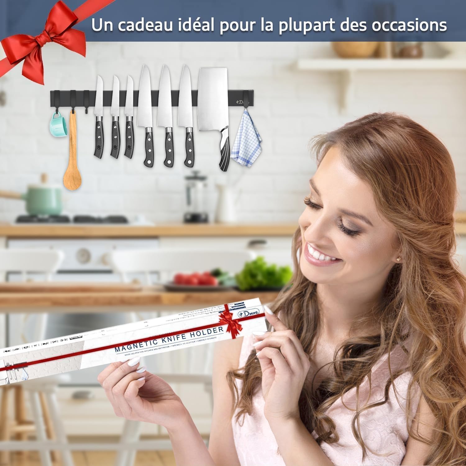 Dmore - Barre Magnétique 50 cm - 4 crochets, fixation sans perçage