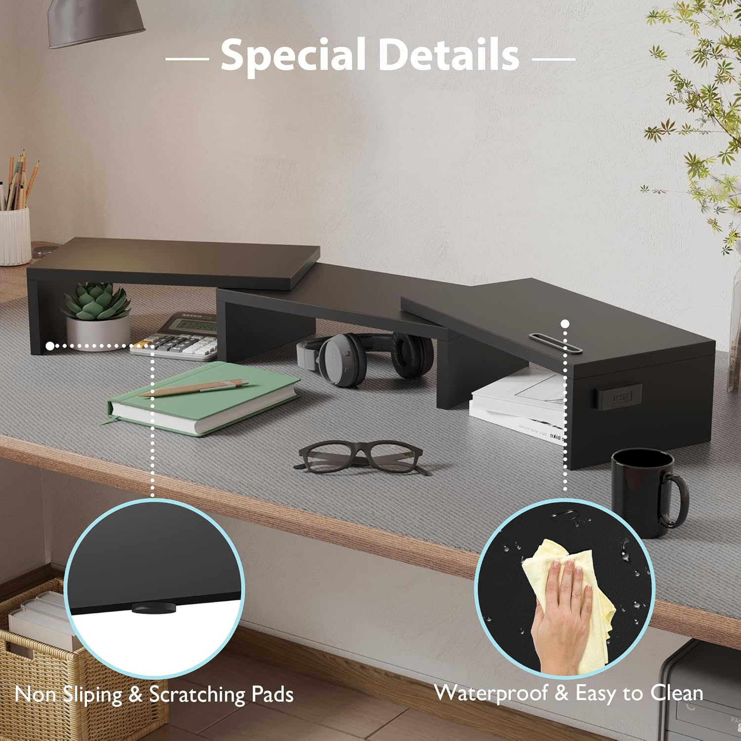 BONTEC - support moniteur double ajustable bois, noir - longueur réglable