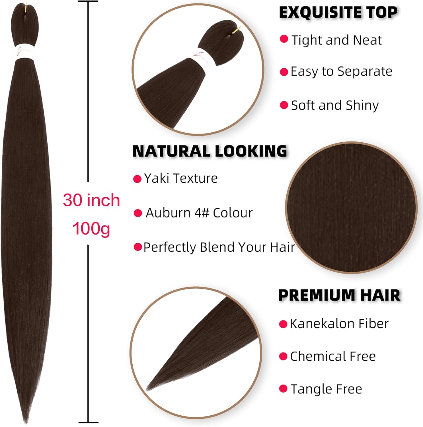 Extensions cheveux tressés - 30 pouces - pré-étirées, 6 paquets, Kanekalon, couleur brun chocolat