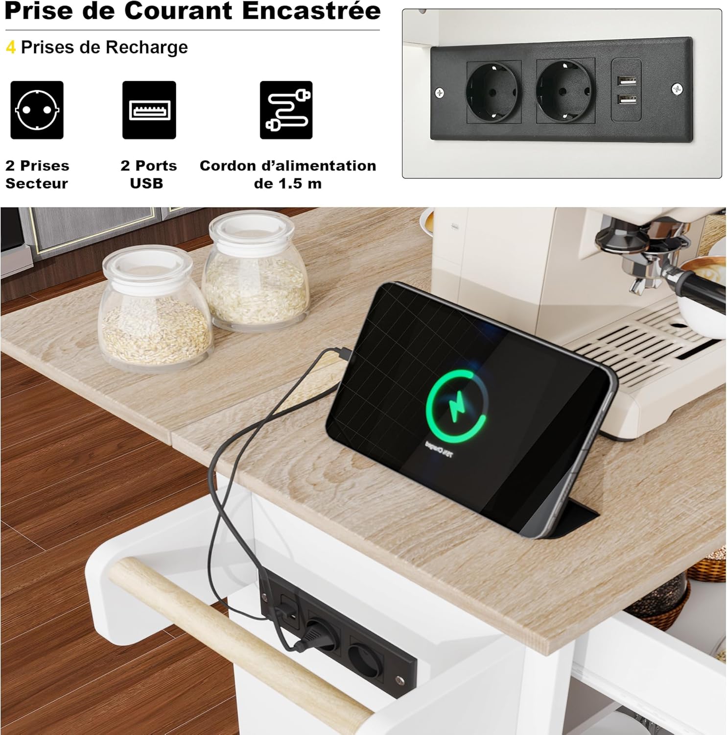 Desserte îlot cuisine - plan de travail rabattable, USB, rangement - blanc - roulettes, tiroir, porte-torchon, poubelle