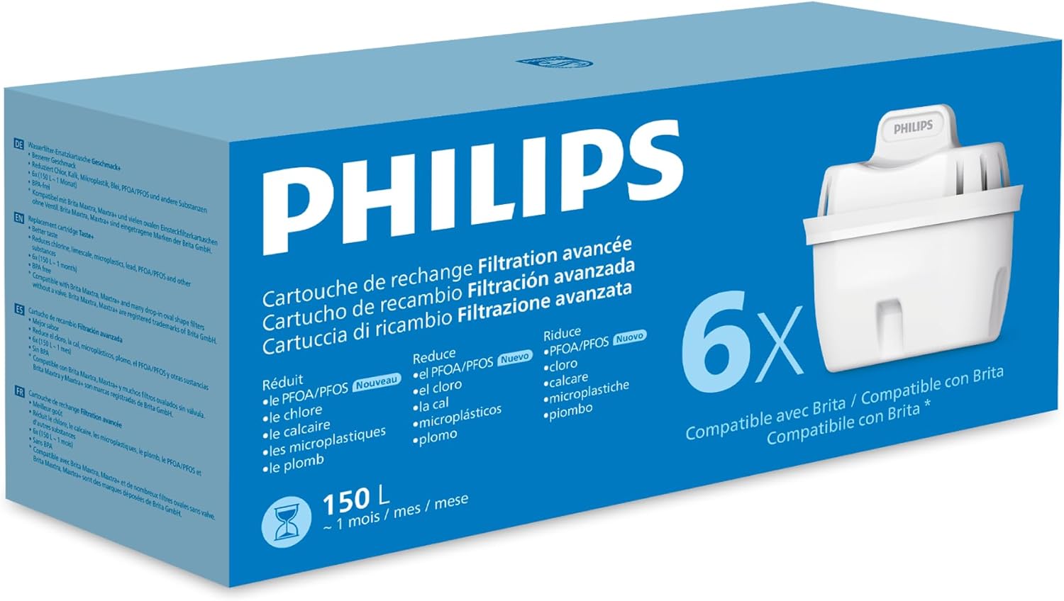 Philips - Cartouches filtrantes, lot de 6, anti-microplastiques, chlore, calcaire, métaux lourds, compatibles Brita