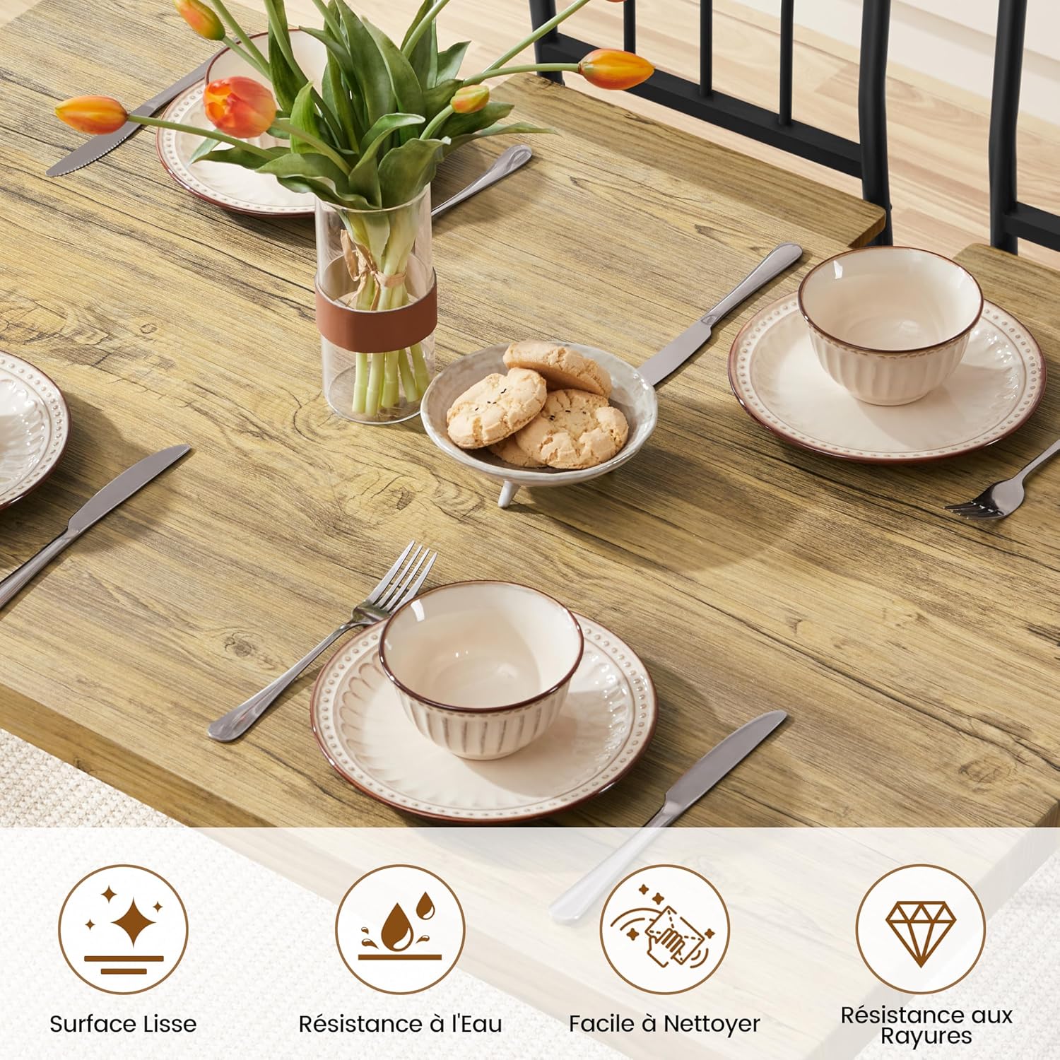 Yaheetech - ensemble salle à manger 4 chaises bois/métal, compact