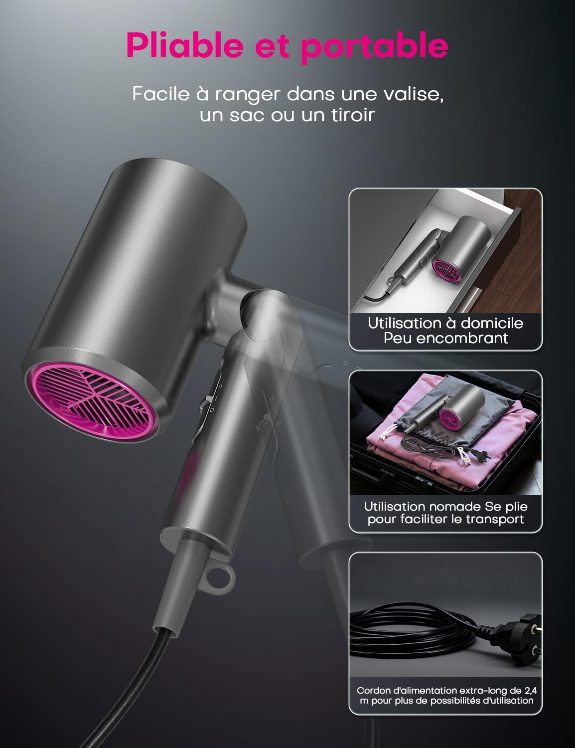 Sèche-cheveux - 1800W, pliable, ionique, diffuseur, Cold Shot, Turbo Heat