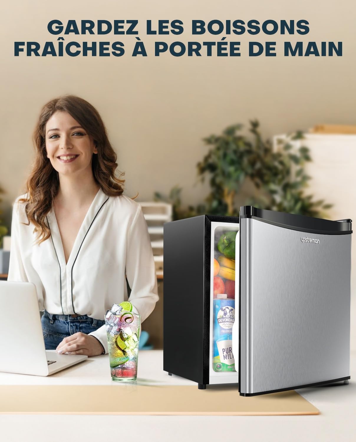 Upstreman - FR17 - 46L mini frigo avec congélateur, silencieux, inox