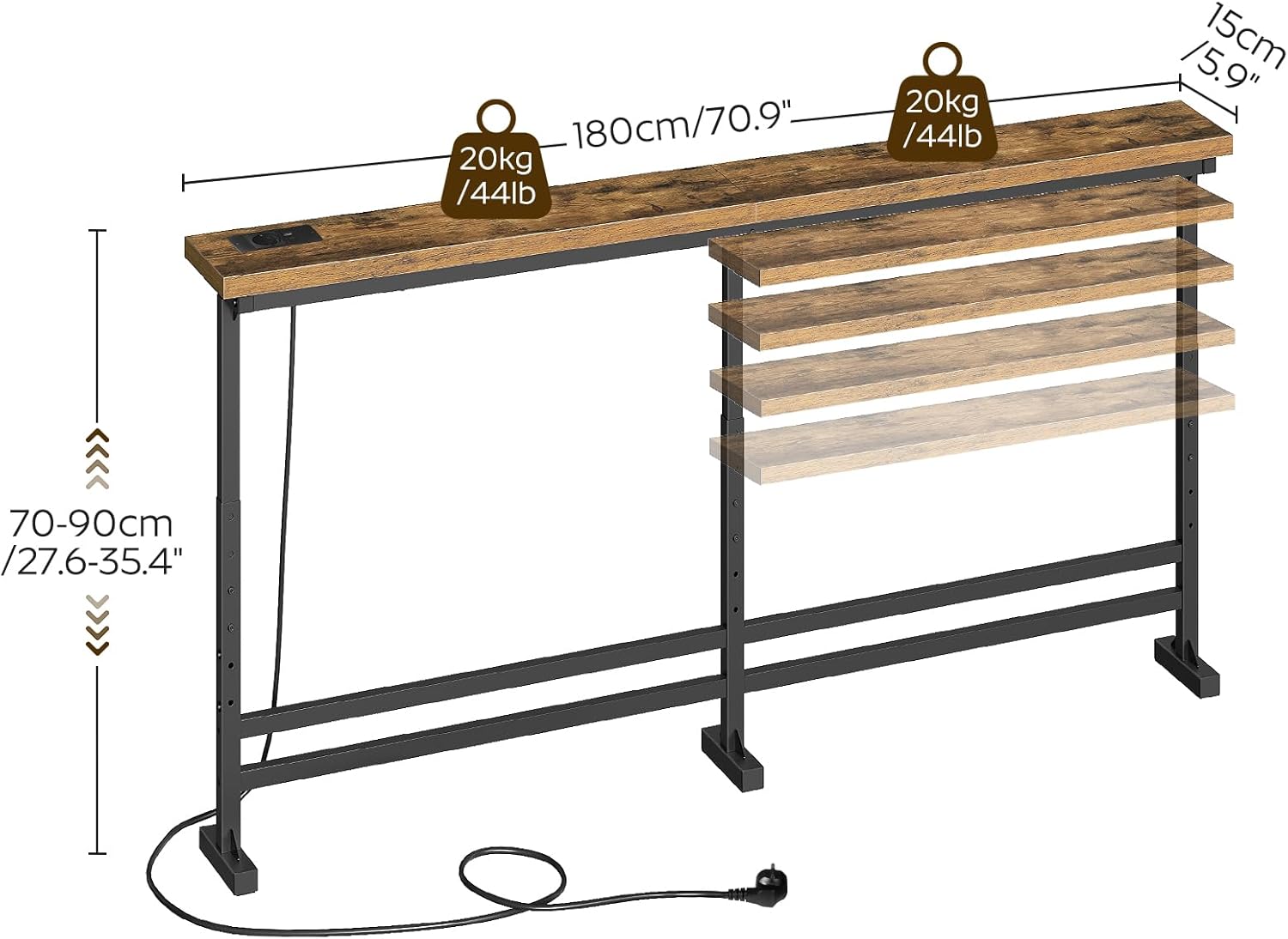 Table console longue - style rustique, 180cm, avec multiprise, prise USB/USB-C, XCT08CBR