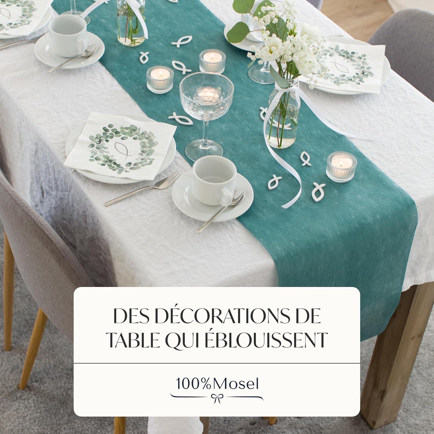 100%Mosel - Chemin de table non tissé - 30x250 cm - bleu pétrole, élégant, occasions spéciales