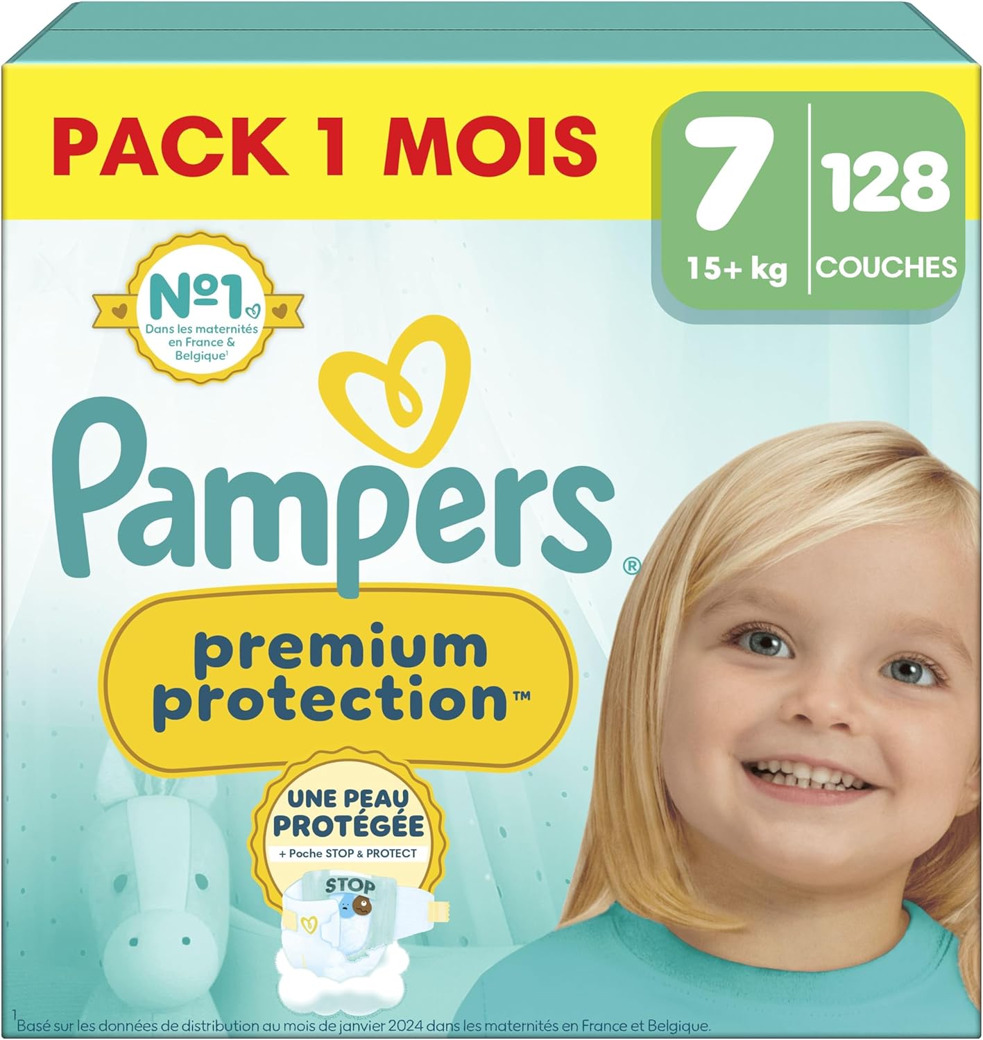 Pampers - Premium Protection taille 7, 128 couches, stop fuites, 15kg+