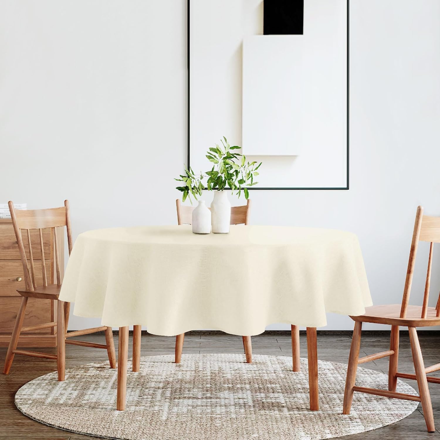 DWCN - Effet Lin rond 180 cm - nappe lavable imperméable champagne