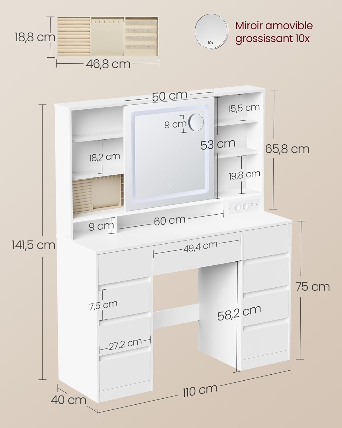 VASAGLE - Kailyn Collection - coiffeuse LED, 9 tiroirs, blanc, RDT137W01