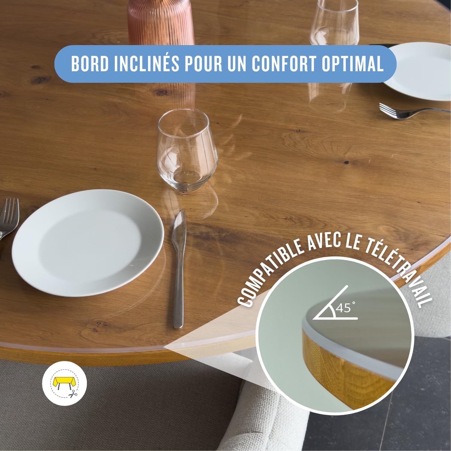 Nappe transparente ronde 85 cm, épaisseur 3mm, bords inclinés, toile lavable