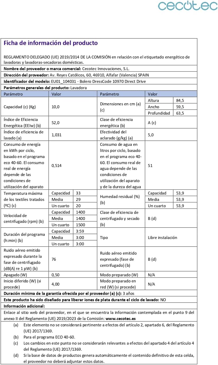 Cecotec - Lave-linge série moderne - 60x55x85 cm - Eco et rapide