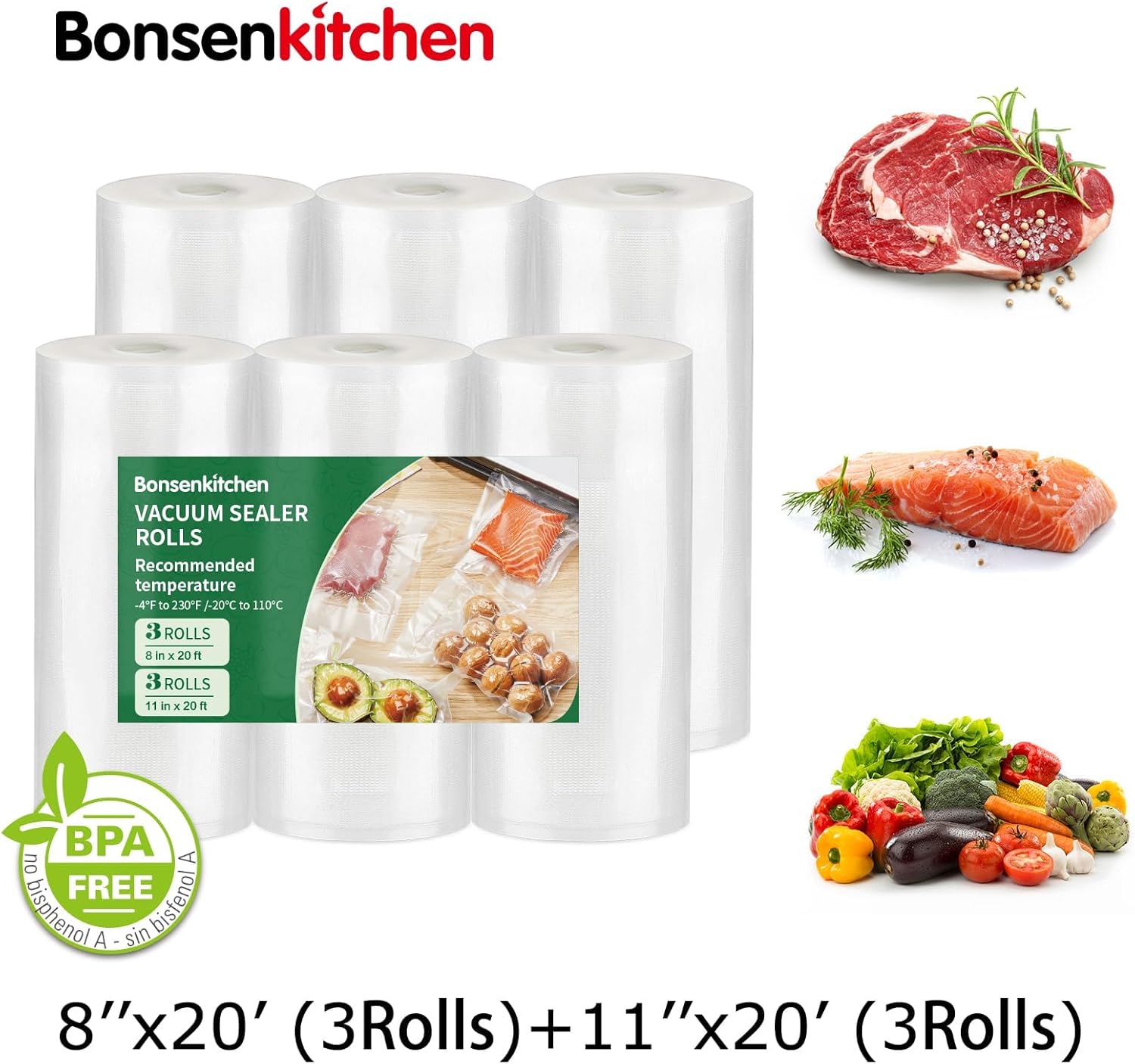 Bonsenkitchen - rouleaux sous vide - 28x600 cm et 20x600 cm - sans BPA, lot de 6 - TB06