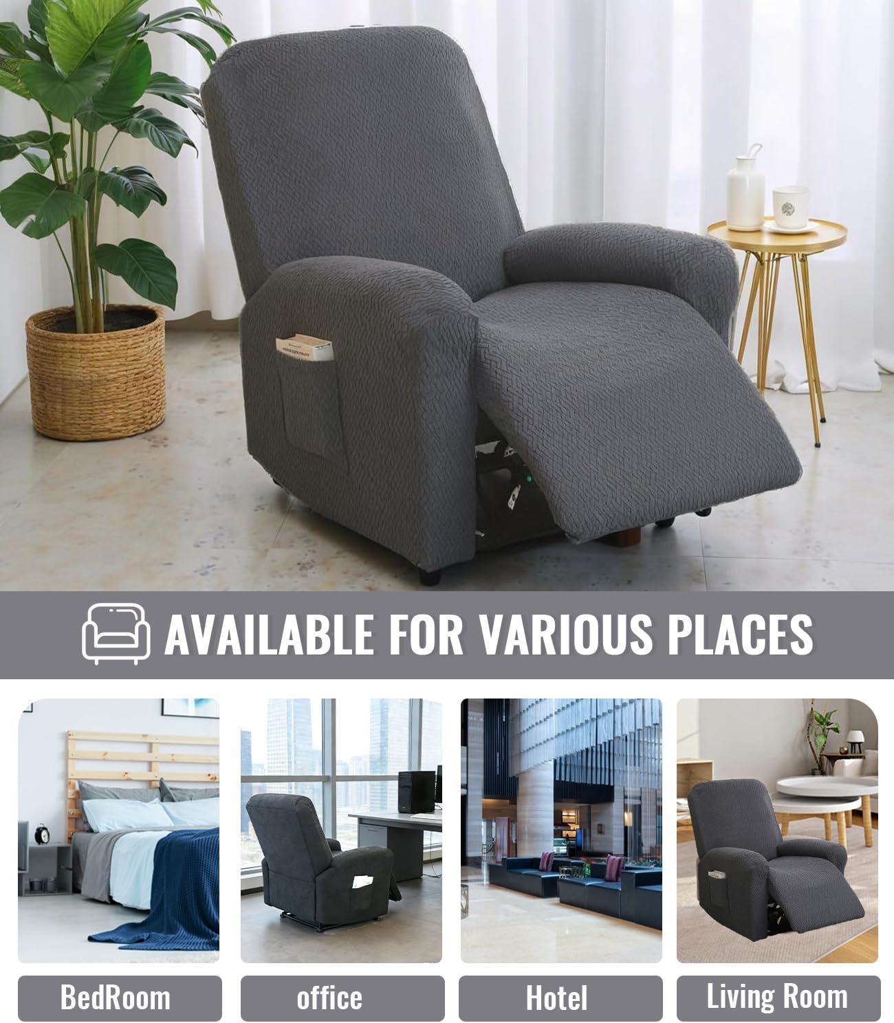 Housse de Fauteuil Relax - jacquard gris clair - extensible 4 pièces avec poches