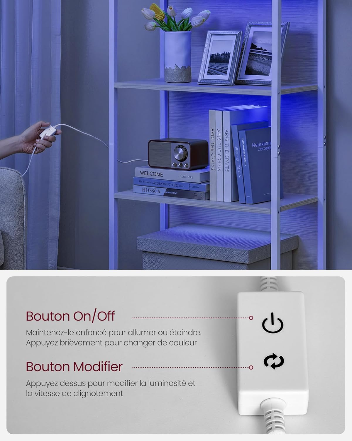 VASAGLE - bibliothèque LED 6 niveaux - 30,3x60x178,6 cm - cadre acier, lumière réglable - LLS120LL01