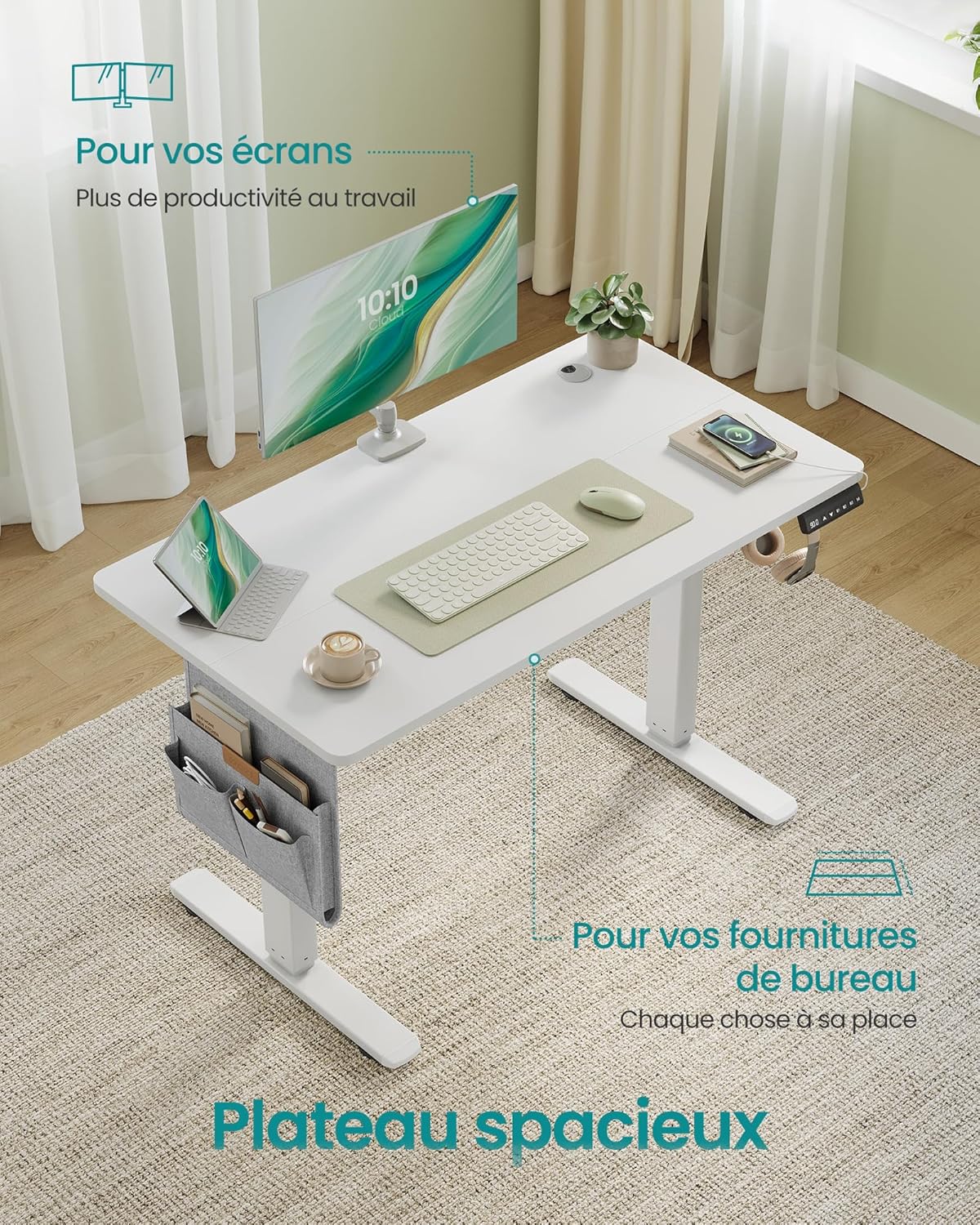 SONGMICS - bureau électrique - 100x60cm - réglable, mémoire, blanc - LSD130WZ01