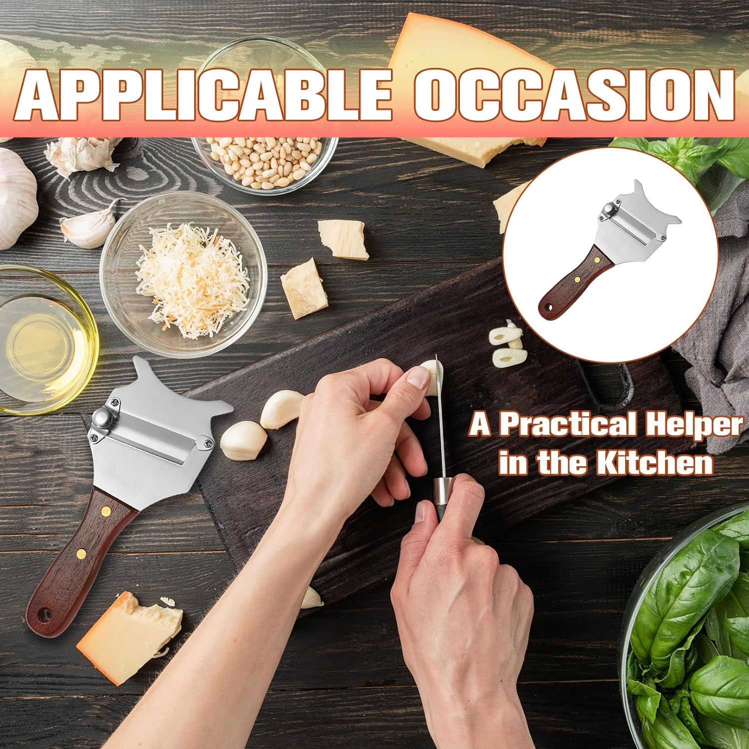 Trancheur de truffes inox poignée bois, réglable, trou suspendu, lame professionnelle