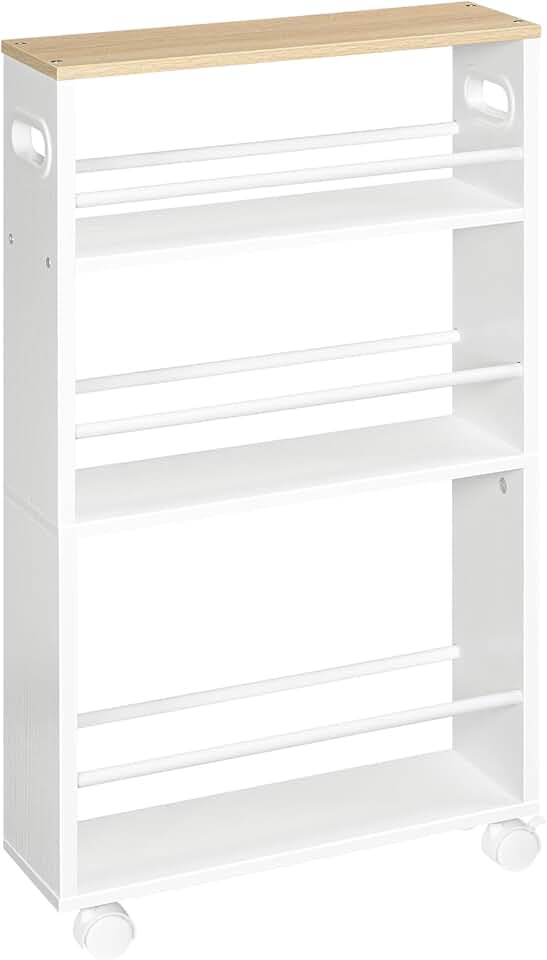 HOOBRO - desserte 4 niveaux, poignées, roulettes, blanc/bois, EWN15TC01
