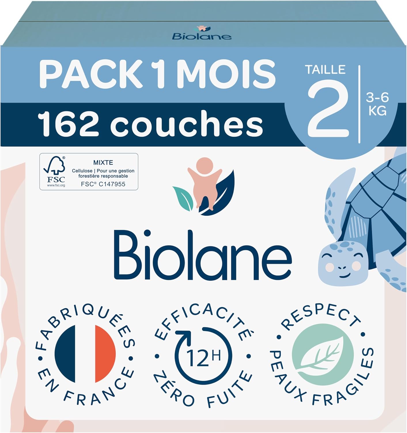 Biolane - couches bébé taille 2 - 3-6 kg - ultra-absorbant, confort, 12h, pack 1 mois 162 couches
