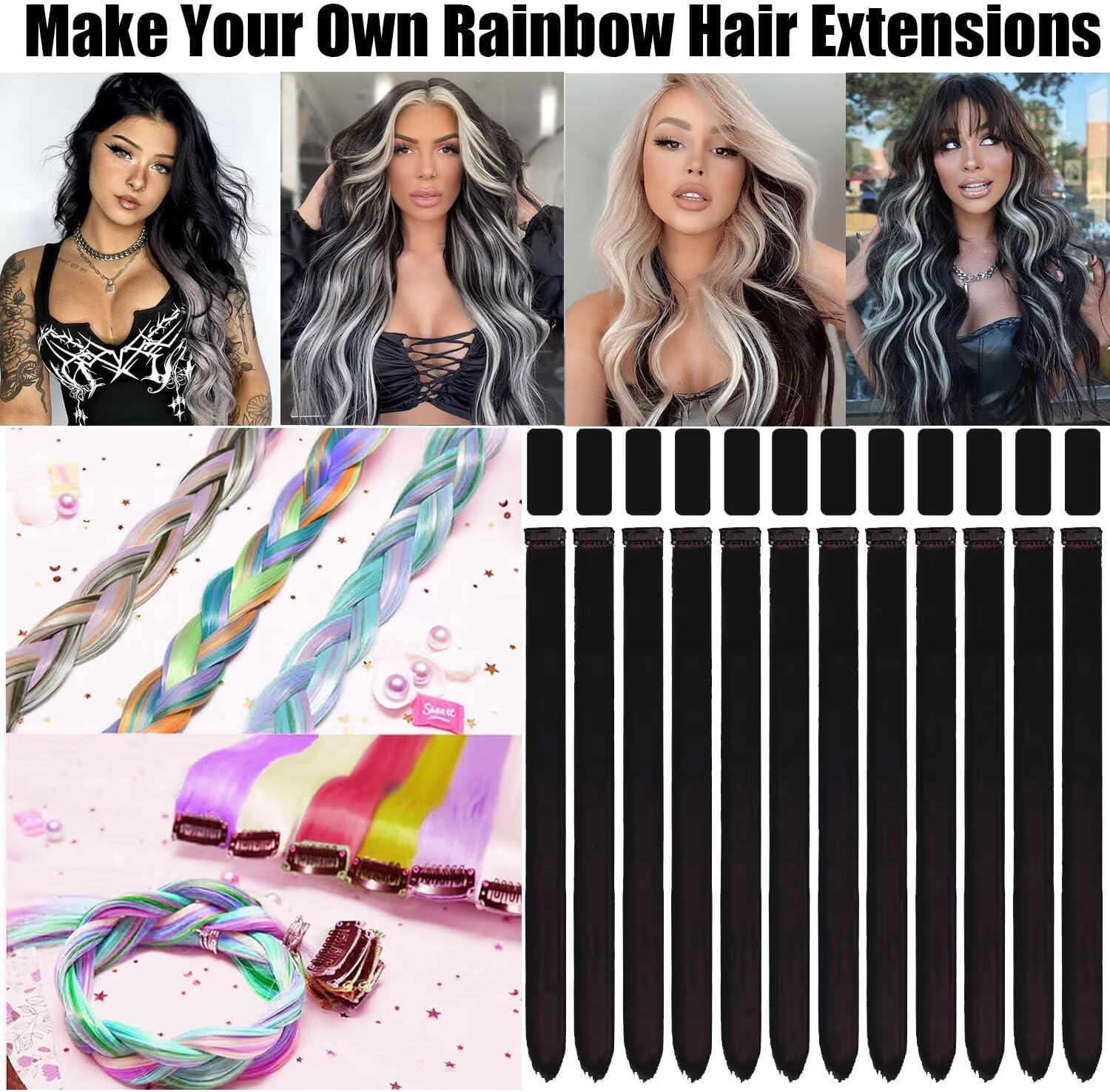 Mèches de cheveux à clipser - 55 cm - lot de 12, noires, pour tresses et coiffures