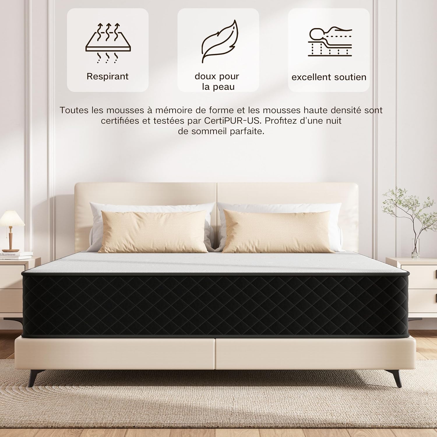 Matelas - ressorts ensachés 7 zones, 140x200 cm, mousse mémoire, H4, 25cm