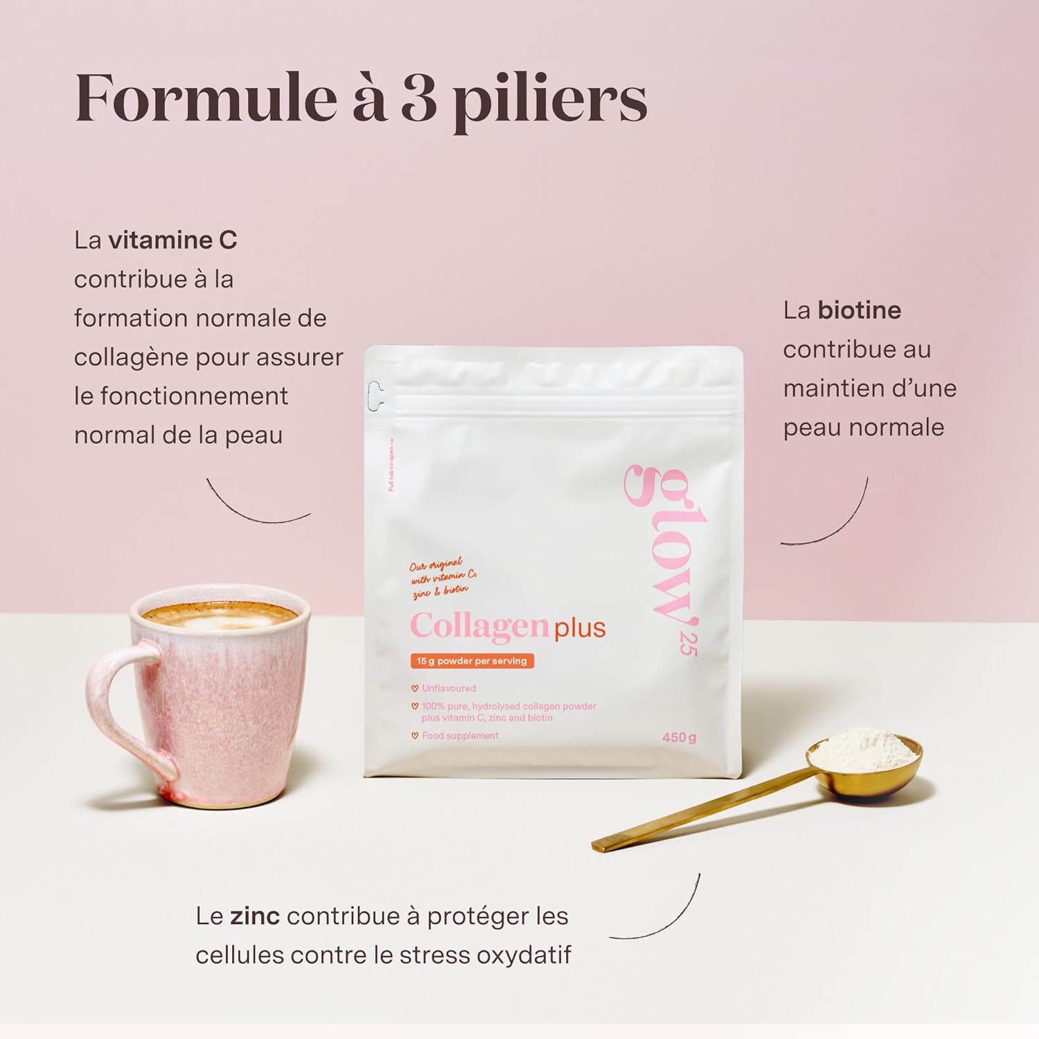 Glow25 - Collagène Plus 450g - peptides type 1 et 3, vitamine C, zinc