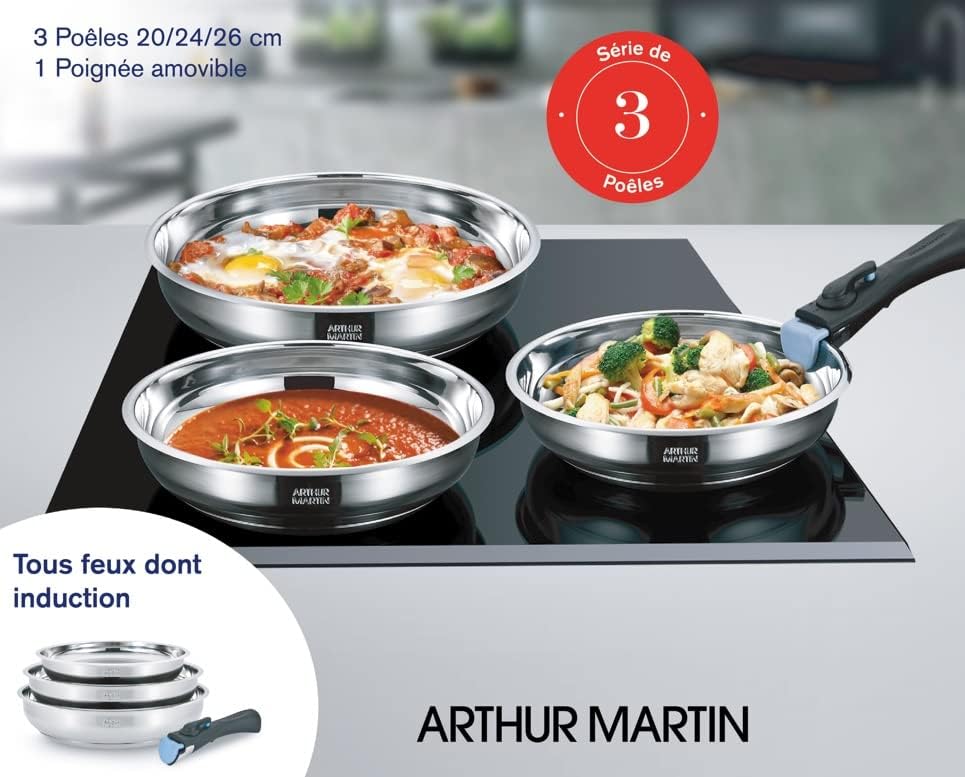 Arthur Martin - Set 3 poêles inox - poignées amovibles induction AM2208