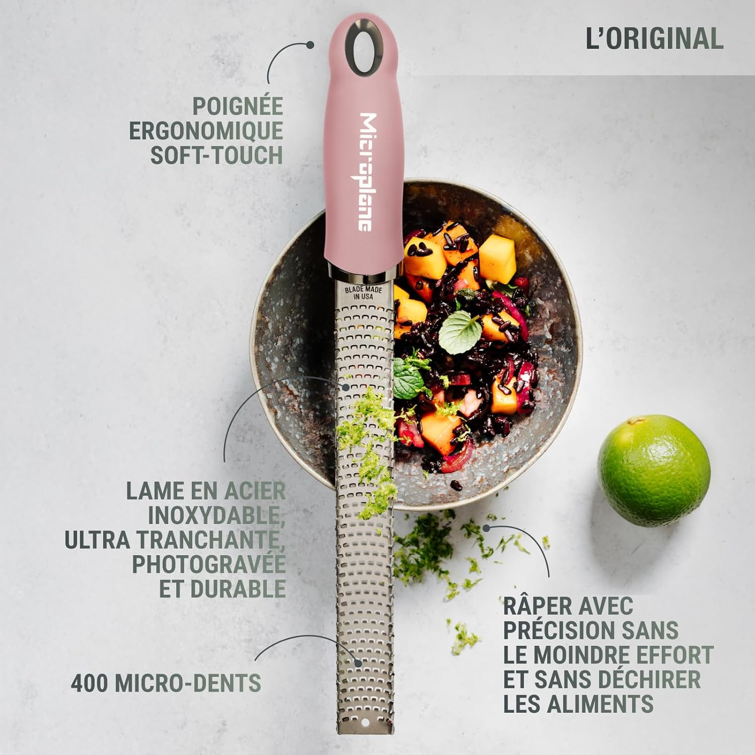 Microplane - Râpe zesteur Bouton de Rose - lame fine - Agrumes, parmesan, gingembre, chocolat - Fabriqué USA
