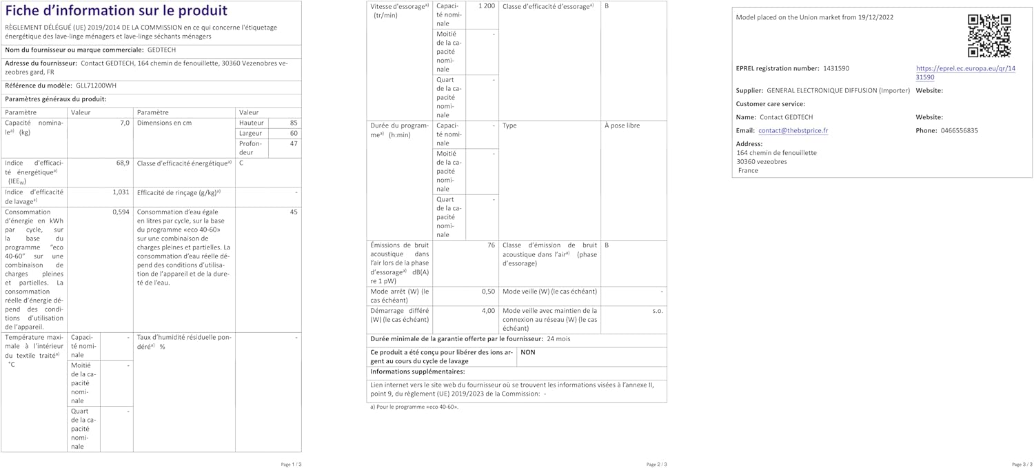 GEDTECH - Lave-linge frontal 7kg 1200tr/min Eco 16 programmes GLL71200WH