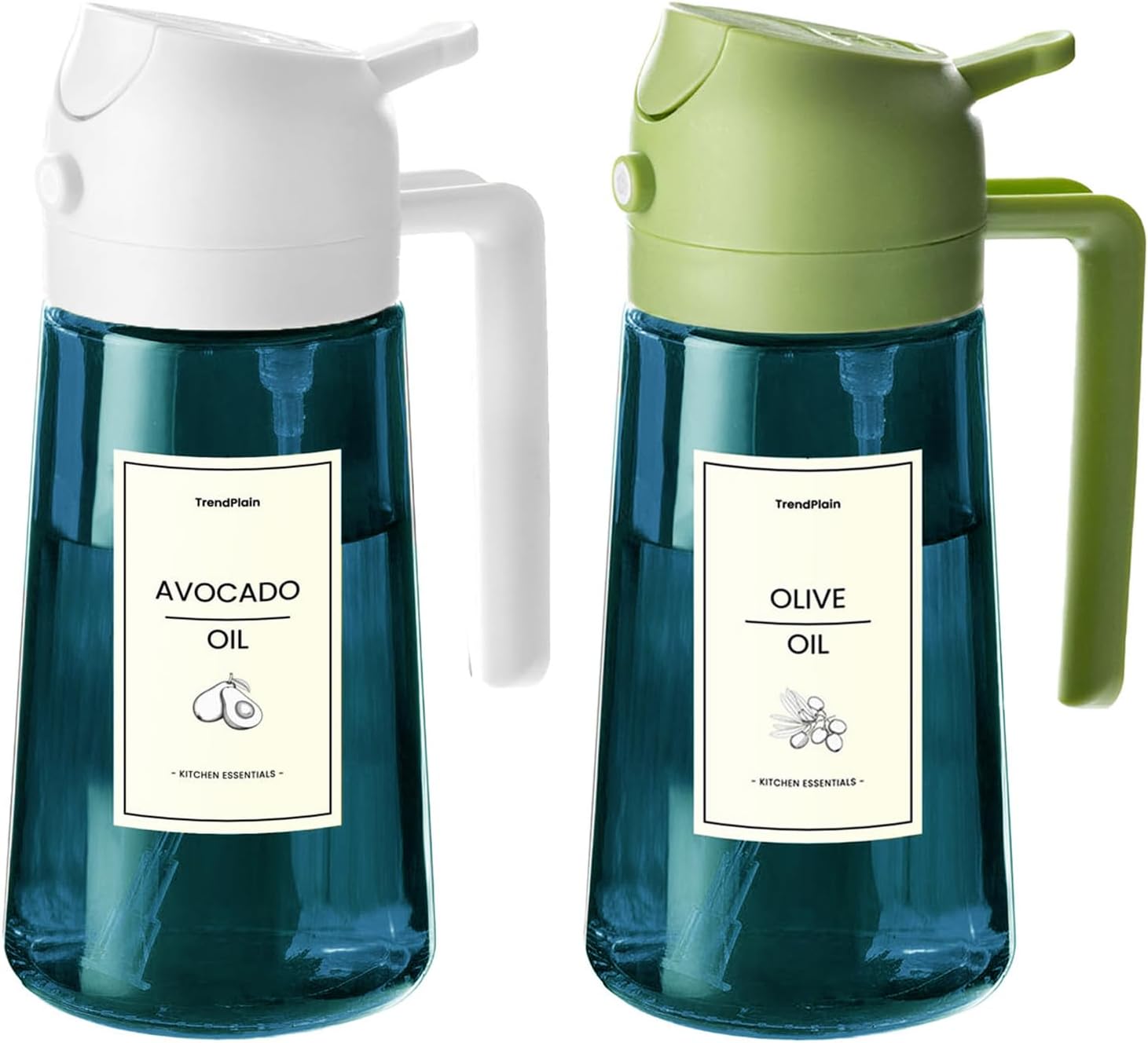TrendPlain - Spray huile cuisine 470ml - 2-en-1, lot de 2, blanc & vert