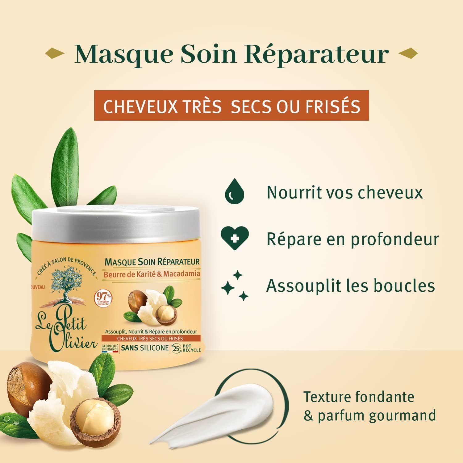 Le Petit Olivier - Masque Soin Réparateur - 330 ml - Karité, Macadamia, Cheveux secs, Sans silicone