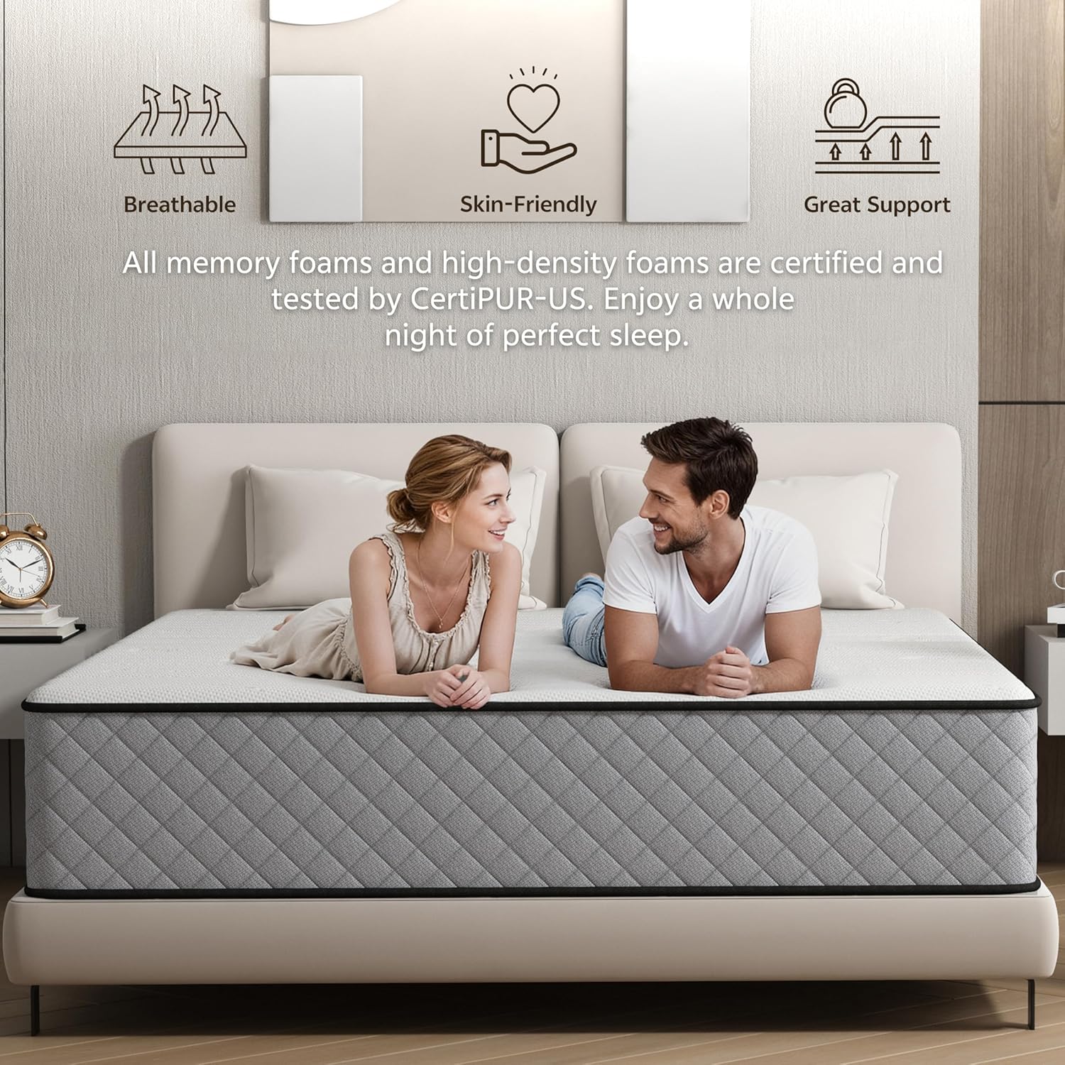 Matelas de lit simple - hybride mémoire de forme, ressorts, 190x90x21 cm, soutien moyen