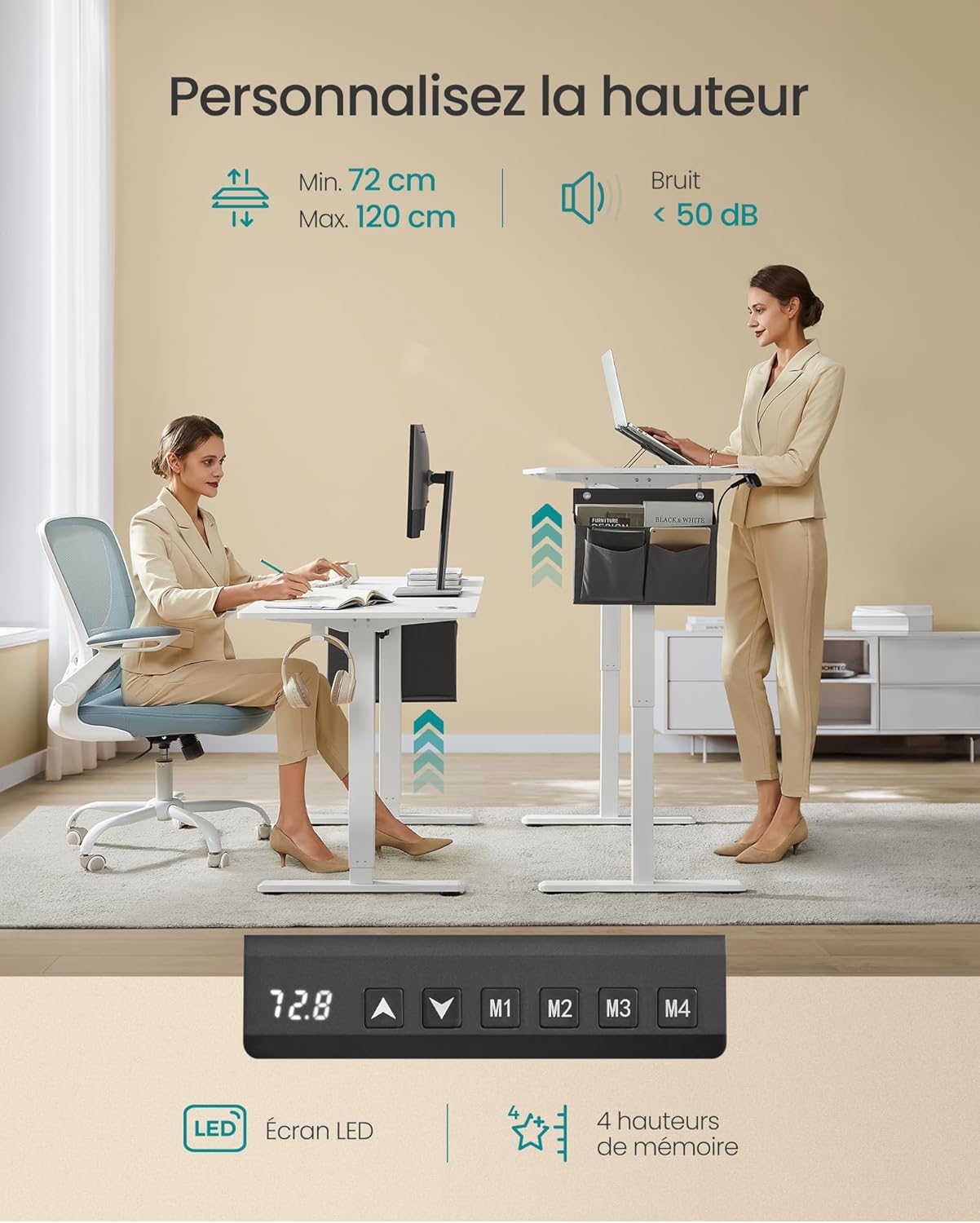 SONGMICS - bureau électrique assis-debout, 120x60 cm, mémoire 4 hauteurs, blanc, LSD132W01