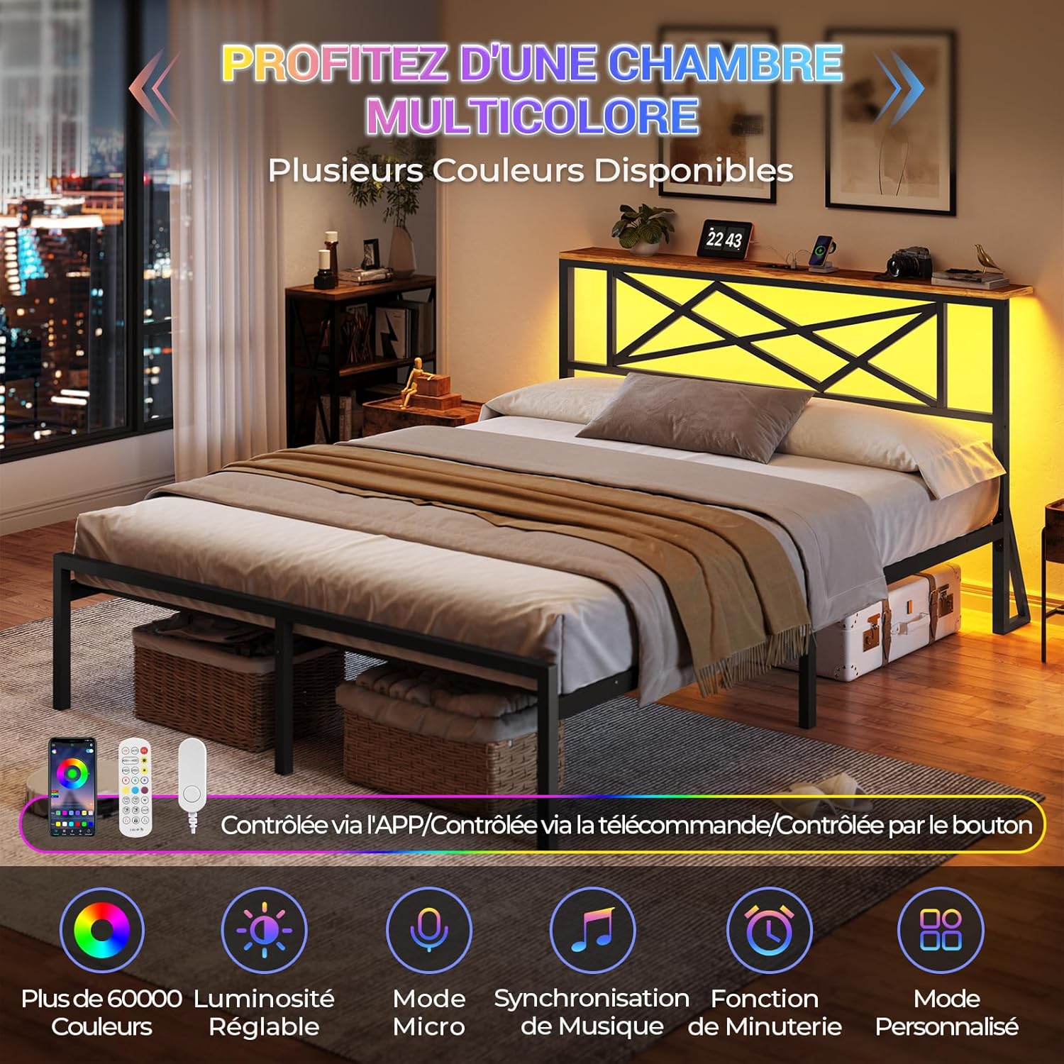 DICTAC - Lit double métal 140x200, LED, USB, rangement, vintage/NOIR - DICTAC