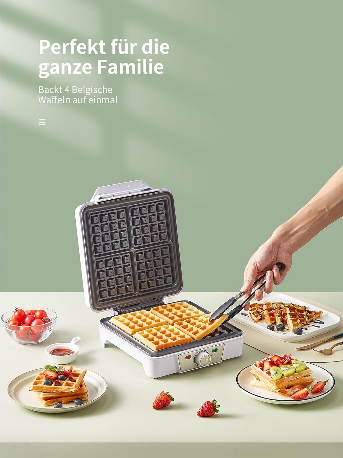 Gaufrier belge - 4 plaques, 1200W, 5 niveaux, antiadhésif, blanc