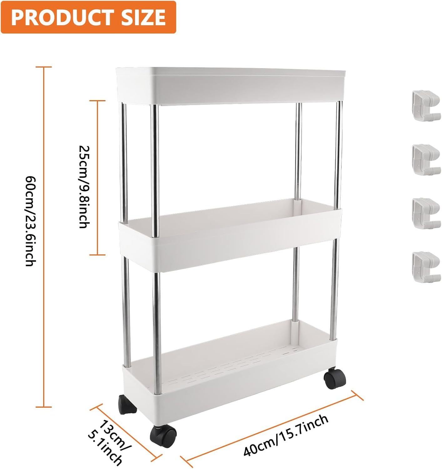 Chariot de rangement 3 niveaux blanc, étagère mobile à roulettes, multifonction