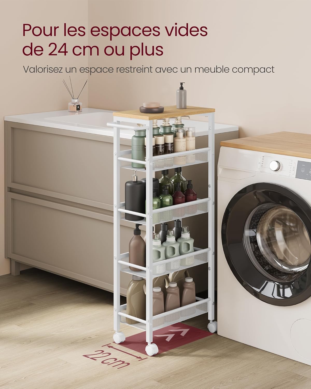 VASAGLE - desserte 5 niveaux - 22x45,4x99,6cm - acier, roulettes, poignée, compact - LRC035W09