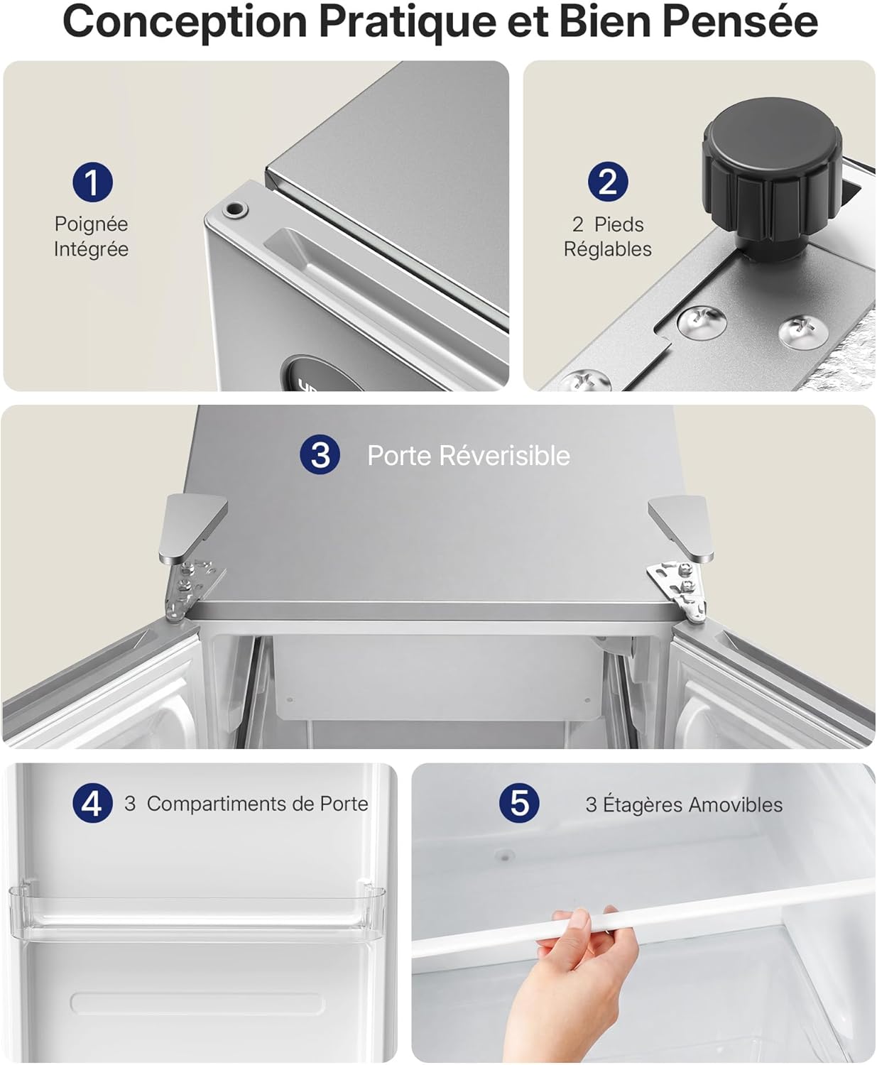 Upstreman - CR91 - 91L - Frigo compact argenté, thermostat réglable, silencieux