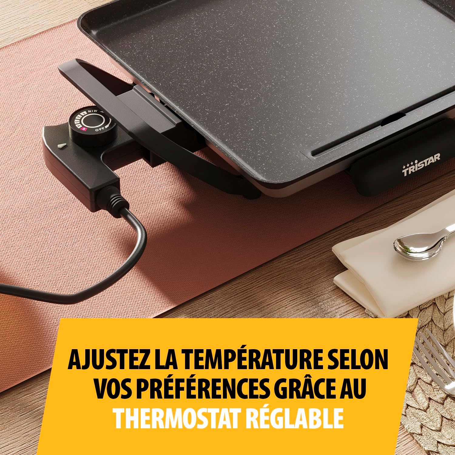 Tristar - Table Grill Slim M - 28x28 cm - Thermostat réglable, antiadhésif, bac amovible - BP-2666