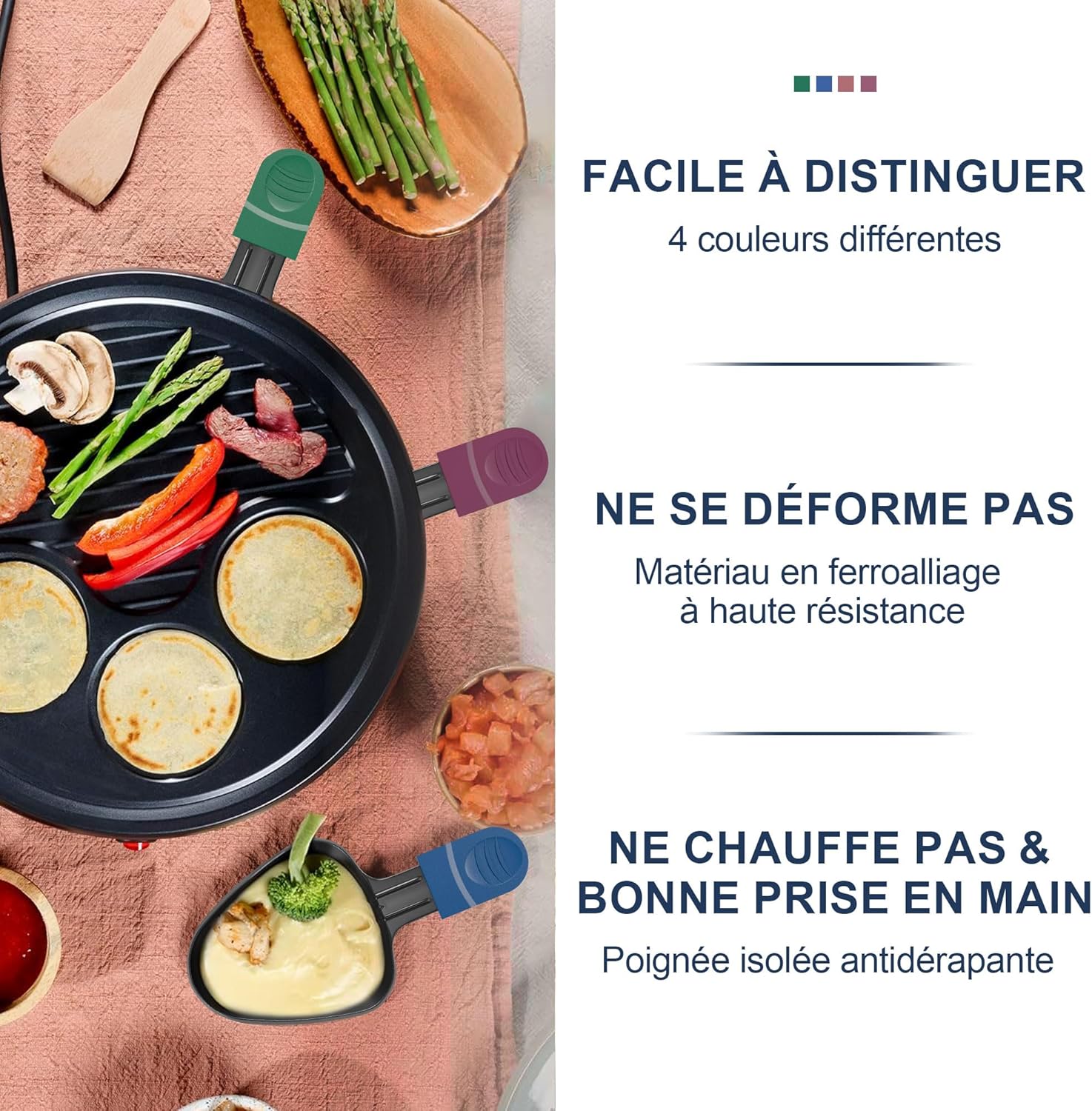 ipow - Lot de 8 poêlons triangulaires antiadhésifs, poignées colorées, avec spatules bois