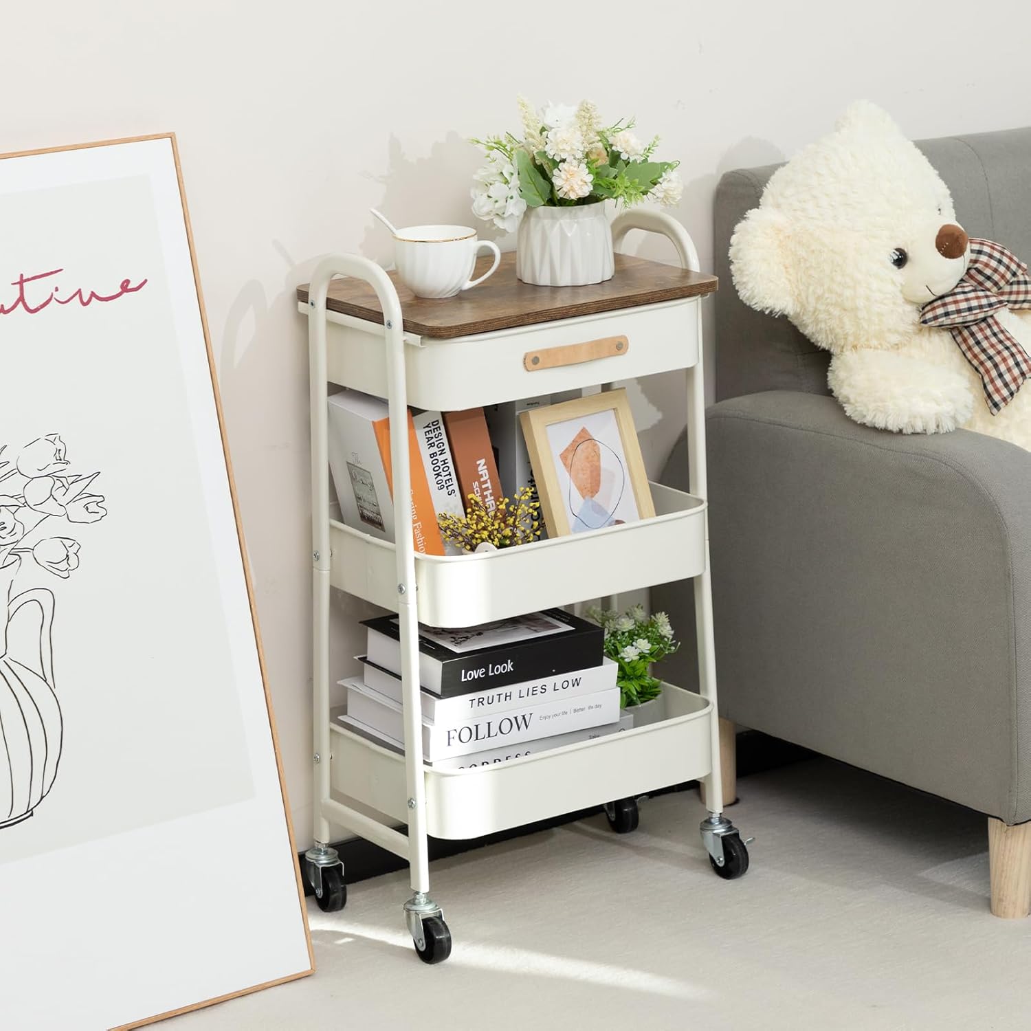 DOEWORKS - chariot de rangement 3 niveaux métal, tiroir, blanc