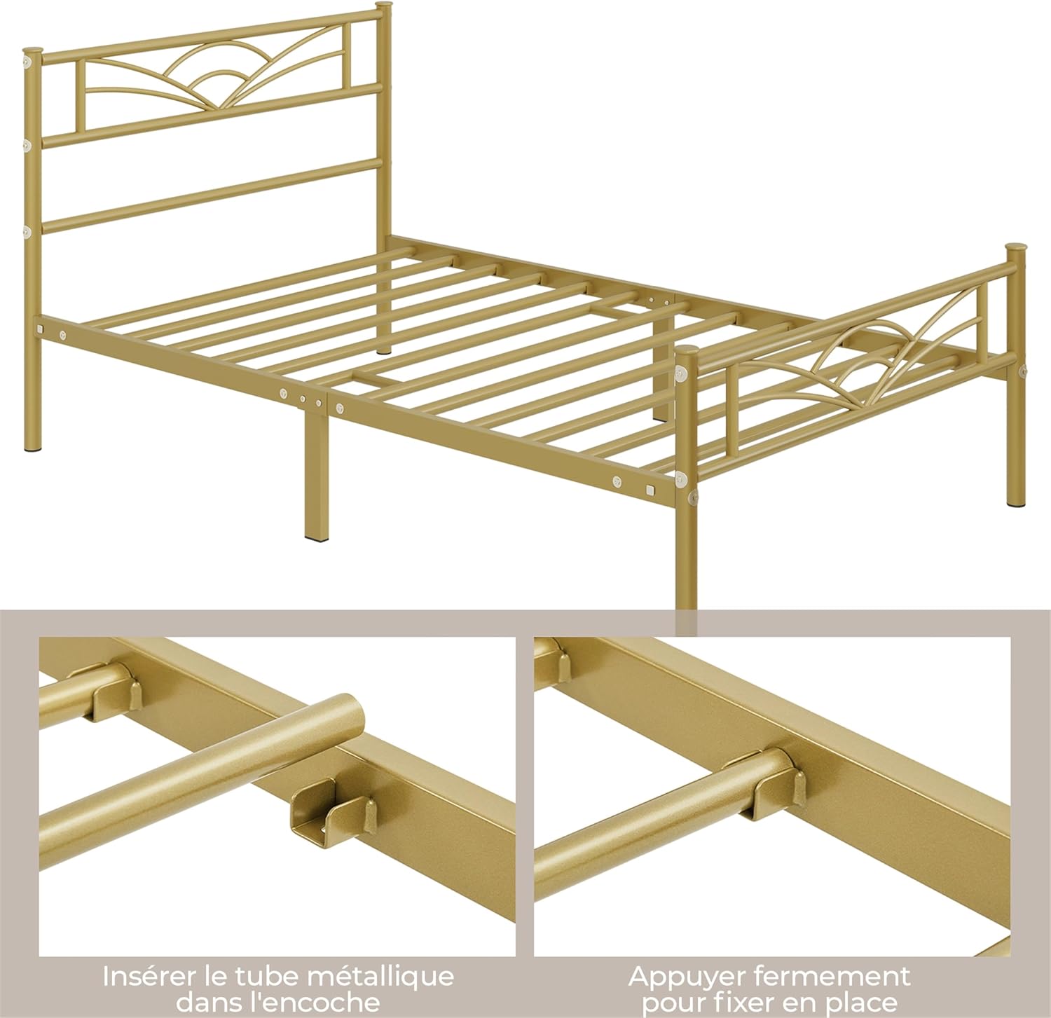 Yaheetech - lit simple métal - 90x190cm - cadre compact or antique