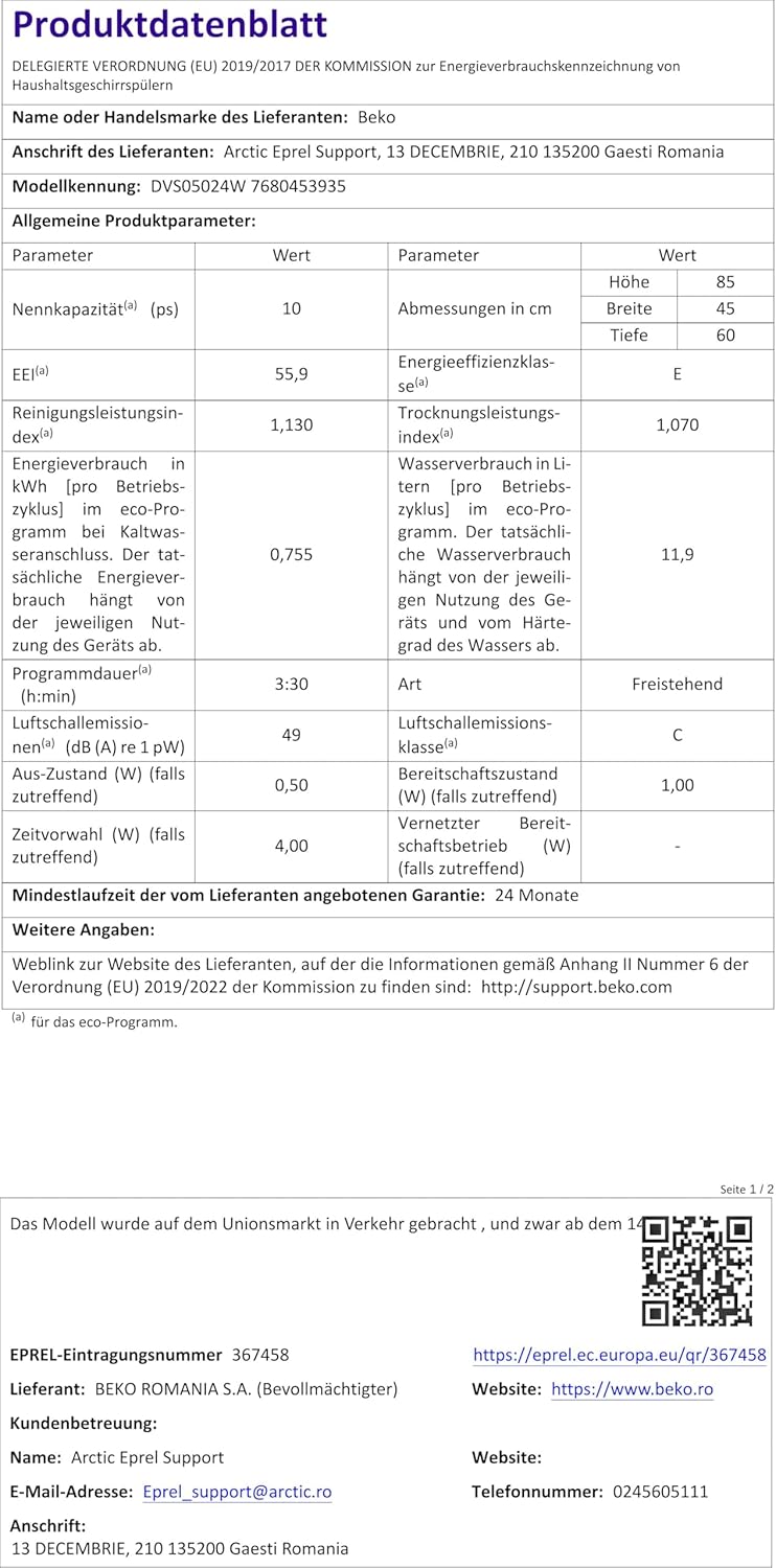 Beko - lave-vaisselle 10 couverts compact 45cm, autoportant - DVS05024W